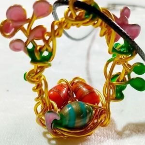 Handmade Easter egg basket pendant necklace gold vines bead flower dragon bird